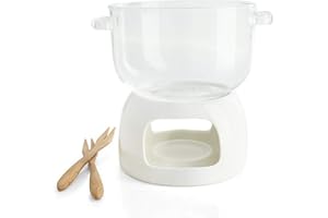 TAMUME 700ml Glass Chocolate Fondue Set, Pack of Glass Fondue Pot and Porcelain Warmer with Fondue Fork (White Regular)