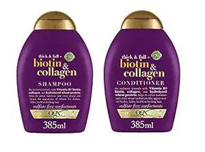 OGX Thick & Full + Biotin & Collagen Volumizing Shampoo for Thin Hair, Thickening Conditioner Combo Pack with Vitamin B7, Collagen & Hydrolyzed Wheat Protein, For Thicker, Fuller, Healthier looking hair, Sulfate Free Surfactant, No Parabens, 385+385 ml