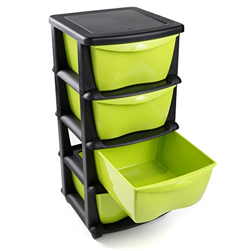 Cassetti di stoccaggio in plastica su ruote pesanti Mobiletto robusto nero per contenitori in 4 cassetti - Fatto in Europa