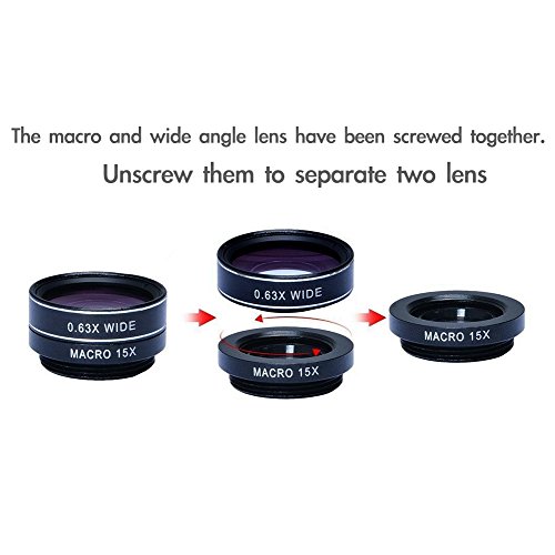 Expresstech @ 3 in 1 Lenti fotocamera Clip On Kit Lente fotografiche 198 Gradi Lenti Fish Eye + 0.63X Lente Grandangolo + 15x Obiettivo Macro per Cellulari iPhone 7 7 Plus iPhone 6S 6s Plus iPhone6 6 Plus Samsung Sony HTC LG Huawei e Altri Smartphone con una telecamera piatta