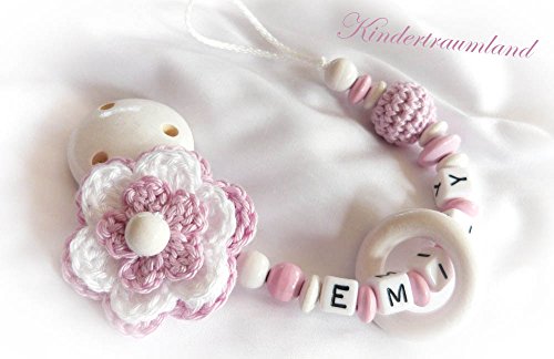 Schnullerkette mit Namen – Geschenk zur Taufe, Geburt, … – Mädchen – Häkelblume – Wunschname - 2