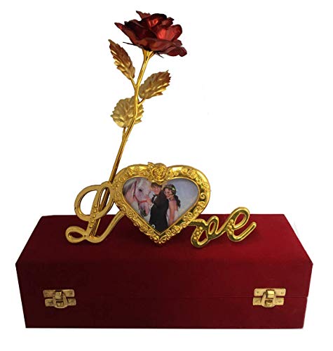 Lavanaya Silver 24K Gold Plated Red Rose With Red Velvet Box Along with Certificate And Love Stand