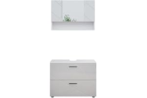 Vicco Badmöbel-Set Weiß Hochglanz Irma, bestehend aus Bad Spiegelschrank, Waschbeckenunterschrank - Versteckter Stauraum hinter eleganten Türen