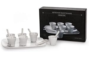SELETTI Juego Compuesto de6 Vasos de café de Porcelana+ 6 cucharitas Planas + 1 Bandeja. Dimensiones: 18,5 x 27cm.