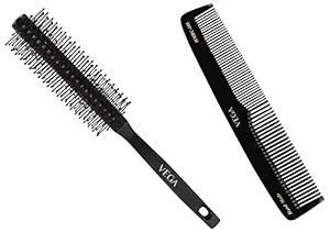 Vega Round Brush (Color May Vary) And Vega Graduated Dressing Comb, 9-inch, Black
