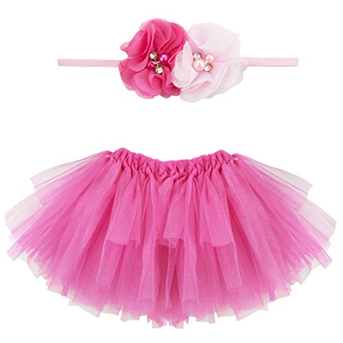 TiaoBug Baby Girls Tutu skirt and Flower Headband Photo Props Outfit (one size, Rose)