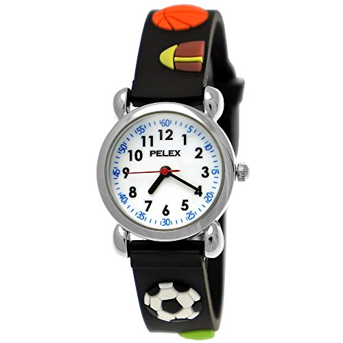 Pelex London Kinder-Uhr Jungen-Uhr Mädchen-Uhr für Kinder Silikon-Kautschuk Armband-Uhr Uhr mit 3D Fußball Basketball Tennis-Ball Rugby Motiv Schwarz