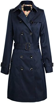 Ladies Classic Trench Coat Fashion Waterproof Double Breasted Jacket with Belt (M, Navy)