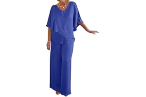 Tomwell Ensemble Femme 2 Pièces Pantalons Costume De Soirée Taille Haute Costume en Tulle Elegant Outfits Suit Ensemble Couleur Unie V Cou Ourlet Irrégulier Casual Set