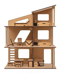 NEKBAL Wooden Doll House with Furniture for Kids, Dollhouse Construction Kit with Assembly Instructions, Wooden Doll House for Girls and Boys (Modern)