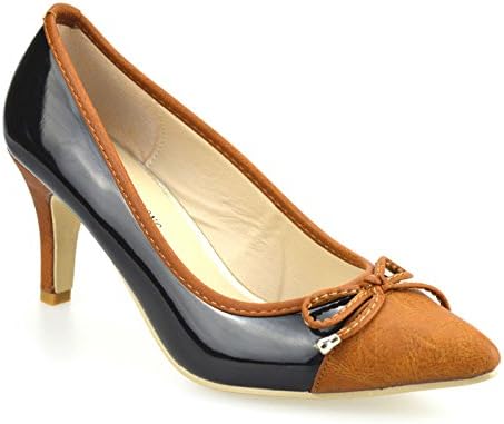 Ladies Womens New Mid Heel Slip On Smart Patent Work Pumps Party Court Shoe Size[UK 5,Black Tan]
