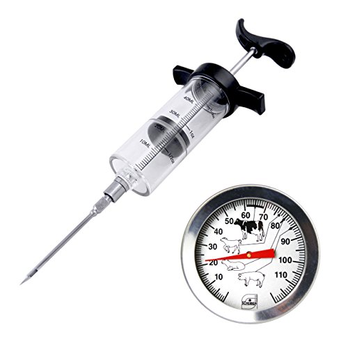 Set Edelstahl Bimetall Einstich - Braten - Fleisch Thermometer und Marinier / Marinaden / Fleisch / Gewürz Spritze . Einstichthermometer Analog Temperaturanzeige bis 118 °C Analog
