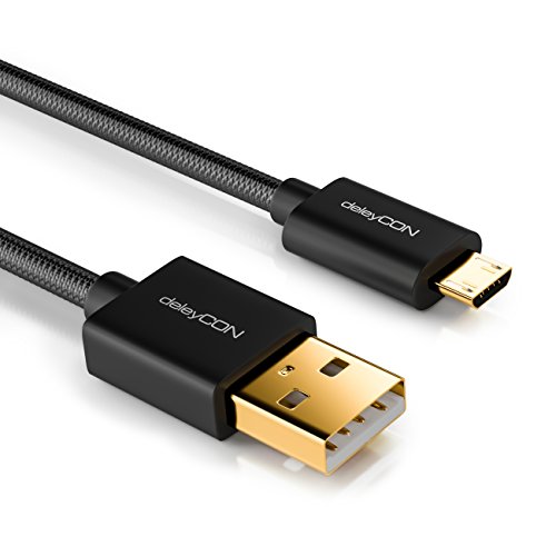deleyCON Micro USB Kabel Set 2x 1m Nylon + Metallstecker / Ladekabel Datenkabel Schnellladekabel / Smartphone / Tablet / Laptop / Notebook – Schwarz - 2