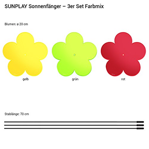 SUNPLAY „Sonnenfänger-Blumen“ 3er Set – Gelb, Grün, Rot – 3 Stück je 20 cm Durchmesser im Set + 70 cm Schwingstäbe - 2