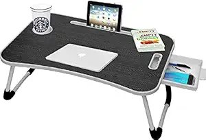 Callas Multipurpose Foldable Laptop Table with Cup Holder | Drawer | Mac Holder | Table Holder Study Table, Breakfast Table, Foldable and Portable/Ergonomic & Rounded Edges/Non-Slip Legs (WA-27-Black)