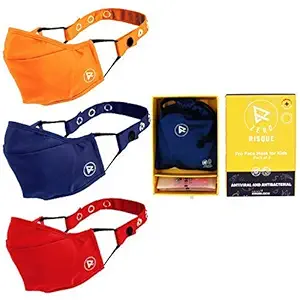 Risque Cotton Reuseable Face Mask (Orange, Red & Blue, Without Valve, Pack of 3) for Kids
