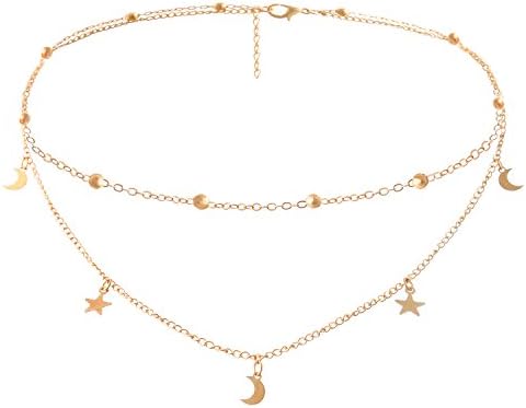 Legitta Fashion Gold Star and Moon Pendant Choker Necklace Long Chain Layered Sequins Statement Jewellery for Women Girls-LGT0024