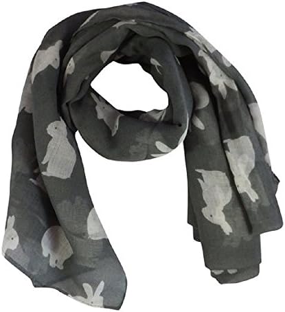 LilyRosa® Grey Bunny Scarf, White Bunnies Print Navy Blue Rabbit Scarves Wrap Shawl