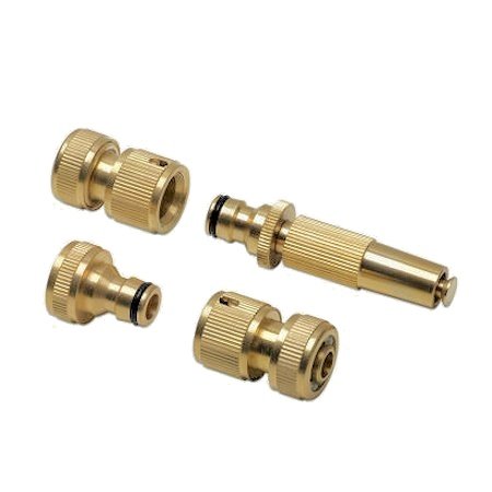 Hochwertiges Messing-Stecksystem, 4-teilig – Gardena kompatibel – Wasserhahn-Anschluss + Schlauchstück + Schlauchstück mit Wasserstopp + verstellbare Gartenspritze - 3