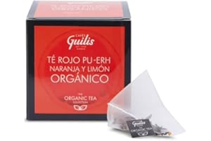 CAFES GUILIS DESDE 1928 AMANTES DEL CAFE Thé rouge Pu erh biologique à l'orange et au citron en boîte de feuilles 15 pyramides - Pack 4
