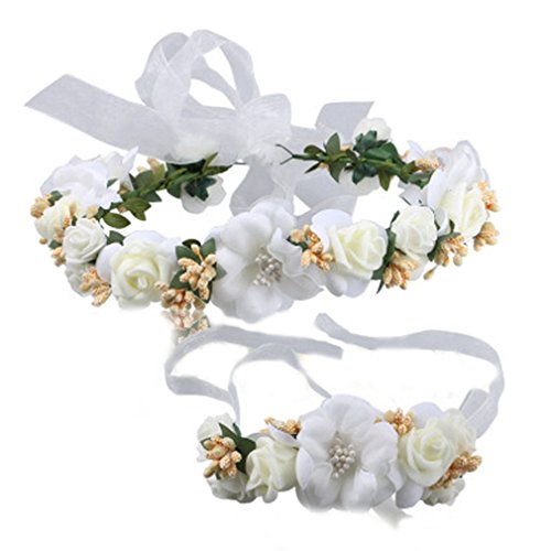 HENGSONG Festlich Blumen Fairy Blumenstirnband Armband Kopfschmuck Haarband Kopfband Kranz für Hochzeit Abendkleid Braut Brautjungfer