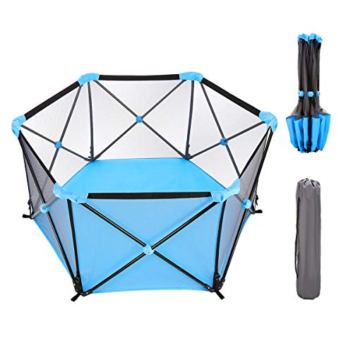 Parque de juegos portátil para bebés WiPALO, parque infantil hexagonal, parque infantil con bolsa de almacenamiento, parque de juegos plegable y duradero, portátil para niños de 0 a 4 años, color azul