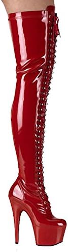 Women Long Boots Lacing Leather Super High heels Over Knee Nightclub Model Pole Dance Shoes , red , 38