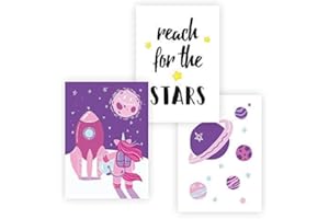 KULLALOO Poster per cameretta dei bambini, formato A4, 3 pezzi -, Einhorn mit Rakete