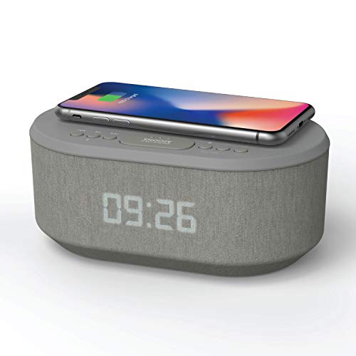 Radio Reveil Digital avec Chargement sans Fil Qi, Port de Chargement USB, Radio FM, Enceinte Bluetooth, Double Alarme et Affichage à LED (Gris)
