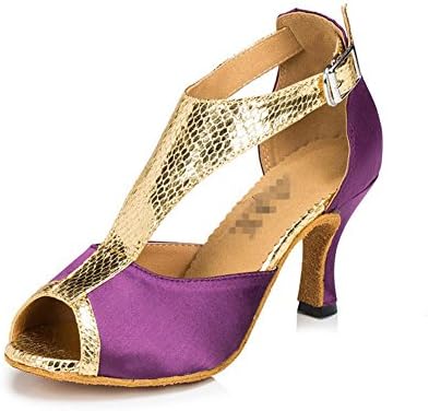 Byjia Women Sandals Dance Shoes Glitter Satin Leather Suede Soft Soles Salsa Latin Samba Tango Ballroom Buckle T Strap High Heel Purple . B . 34