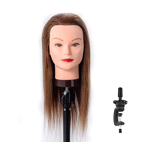 HAIREALM 20" Mannequin Head 100% Human Hair Hairdresser Training Head Manikin Cosmetology Doll Head (Table Clamp Stand Included) HC16P