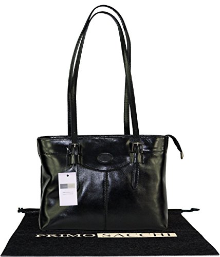 Genuine Italian Leather, Black Long Handled Double Buckle Shoulder Bag Handbag. Includes a Protective Dust Bag.