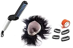 Wizme USA Base Human Hair Patch, Hair System Free Hair Modeling Comb, Hair Wig Clips,Color Pouches,Red Tape for Men Boys Black (10*7) Free Hair Patch Clips + Color Pouches + Modeling Comb +Red Tape