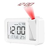 【9-MINUTEN-SNOOZE-FUNKTION & WOCHEN-MODUS】 Mit der Snooze-Taste können Sie den Summer ganz einfach ausschalten, ohne die Augen zu öffnen. Die Standard-Schlummerzeit beträgt 9 Minuten. Die Digitaluhr gibt alle 9 Minuten einen Alarm aus, bis Sie den Schlummermodus durch Drücken anderer Tasten ausschalten. Stellen Sie den Wochenendmodus ein und lassen Sie den Wecker am Wochenende niemals klingeln. Dieser intelligente Projektionswecker weckt Sie bequem auf.