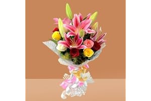 IFG's Beautiful Bouquet of Mixed Colour Roses, Lily, 15 pcs Fresh Flowers - Same Day Delivery