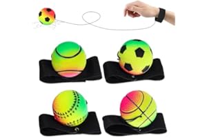 LEOINAER Balles De Bande De Poignet, 4 Pcs Balles Rebondissantes pour Poignet Balle Rebondissante avec Ficelle Balles Neon Élastiques avec Bracelet