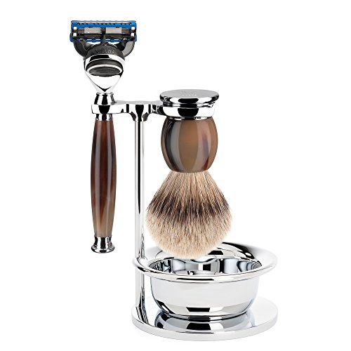 MÜHLE Sophist Genuine Horn 3-Piece Silvertip Badger/Fusion Shaving Set (S93B42F)