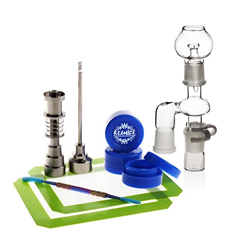 REANICE BOX 1-PACK Titan Nail 10mm/14mm/18mm Nail und weiblich Bong Percolator Rig + 3-PACK Non Stick Silikon Wachs Dab Boxcontainer+ 1-PACK Öl Wachs Carving Tools Edelstahl + 2-PACK-Antihaft-Silikon-Matte-Pad + 1-PACK Zubehör Glas Bong 18.8mm Weibliche + 1-PACK Zubehör Glas Bong Filter glas wasser bong