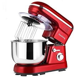 Nestling® 5L Robot Pâtissier, Faible Bruit Batteur Électrique, 3 en 1 avec Batteur, Fouet and Crochet, 5 Vitesses, avec Bol D'Acier inox Robot Multifonctionne 1200W（Rouge）