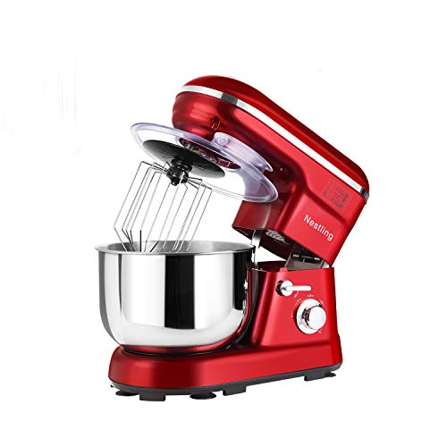 HUAYUU Robot de cuisine puissant à faible bruit 1200 W (5 vitesses en acier inoxydable) avec protection anti-éclaboussures, avec quirl, crochet pétrisseur et fouet (rouge)
