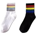 FATON Rainbow Striped Socks for Pride Liner Socks White Athletic Crew Socks for Mens & Boys