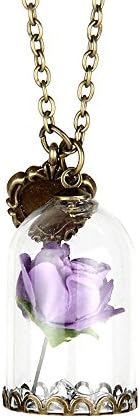 Necklace Beauty and the Sweater Chain Beast Necklace Rose in Terrarium Pendant His Beauty Her Beast Valentines Day,Fairy Tale Movie Jewelry, Best Gift , purple