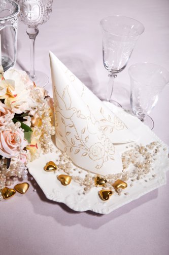 50 Servietten, stoffähnlich, Airlaid 1/4-Falz 40 cm x 40 cm "Hochzeit" Hellgrau Silber Tauben Verlobung ...