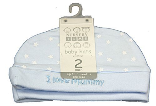2 Pack of Blue hats (I Love Mummy) 100% cotton - baby boy 0-3 months