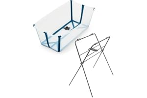CRIOH! Stokke - Bañera Plegable para Bebé Incluye Soporte - Flexi Bath - Tapón de Drenaje Termosensible - Comodidad y Seguridad - Llévatela de Viaje - Transparente Azul - 0-4 Años