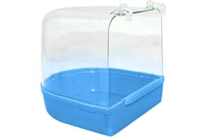 HshDUti Bird Bath Tub, Hanging Bathtub Bird Cage Supplies with Hooks, Water Shower Transparent Box Food Feeder Holder Tray for Small Birds, Canary, Budgies,Parrot 13X14X13cm Blue