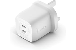 Belkin 45W Dual USB Type C Wall Charger, Fast Charging Power Delivery 3.0 with GaN Technology, USB C Charger for iPhone 17, iPhone Air, iPad Pro, MacBook, Samsung Galaxy S25, Pixel And More - White