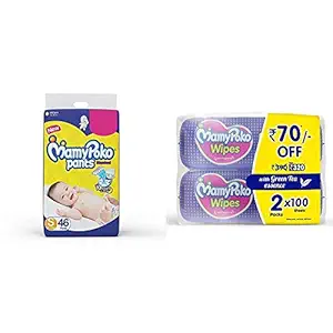 MamyPoko Pants Standard Diapers, Small (Pack of 46) & MamyPoko Wipes with Green Tea Essence - Pack of 100 Wipes with Fragrance (100 Wipes)