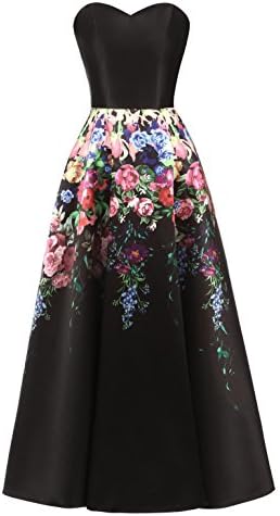DMDS Women's Black Print Satin Sweetheart Long Evening Dresses