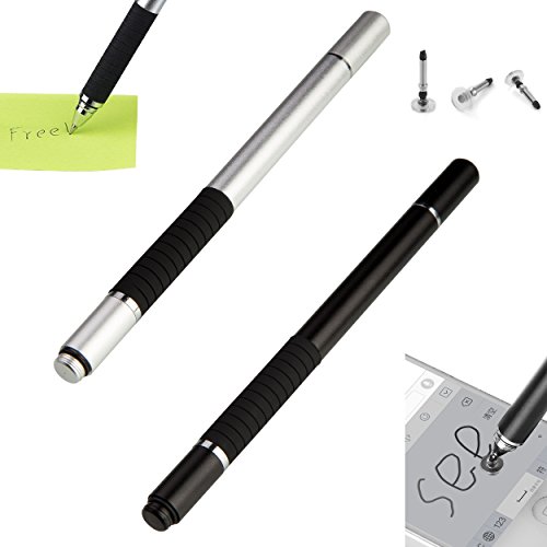 Liamoo Präziser Eingabestift mit Kugelschreiber und Deckel 2 Stück Schwarz + Silber + Touchminen + Schreibminen